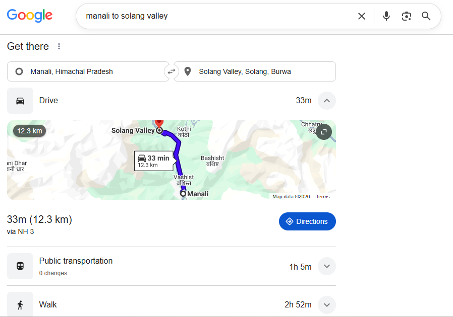 Manali to solang valley distance screenshot